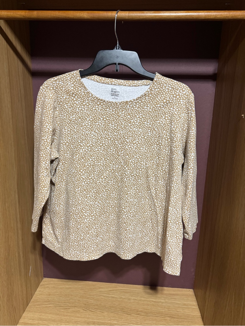 Kim Rogers Perfectly Soft Tan White Dot Cotton Top L